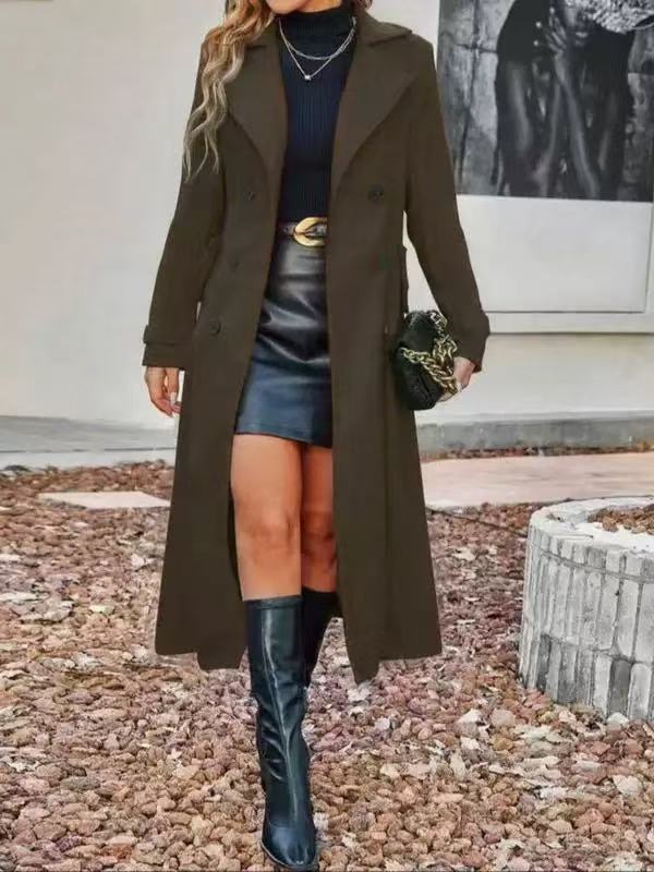 Damen nan langer taillierter Mantel doppelreihig mit weitem Reverskragen und verdeckten Eingrifftaschen Drune