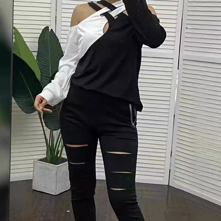 Damen Modisches Oberteil mit Cut-Out-Design und asymmetrischen Ärmeln Drune