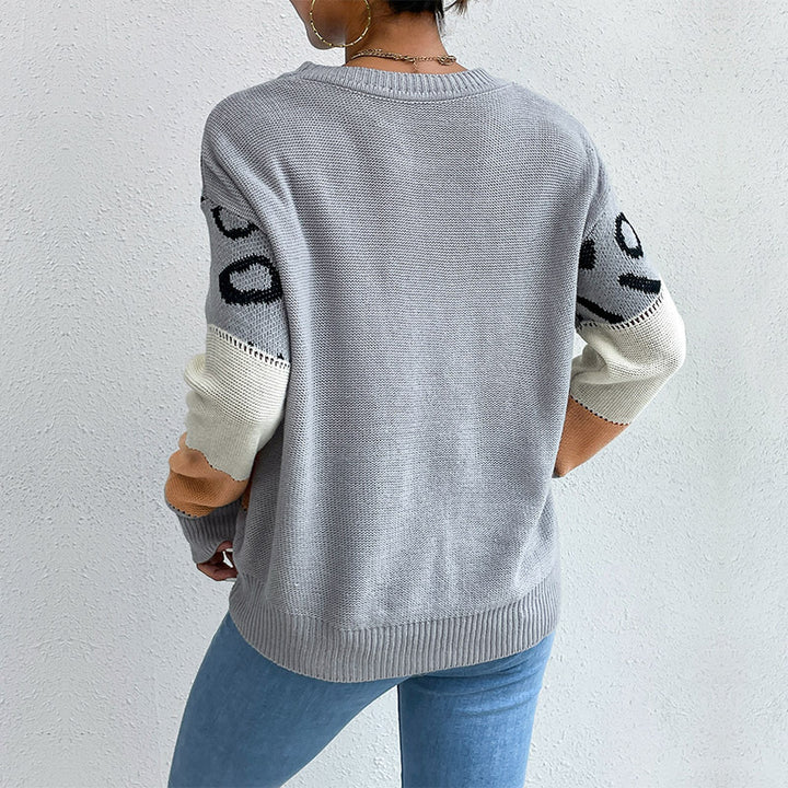 Damen lässiger Strickpullover mit modischem Farbblockdesign und animalischem Muster Drune