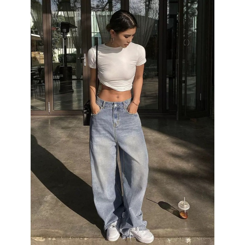 Damen weite High-Waist Jeans mit dekorativen Taschen Drune