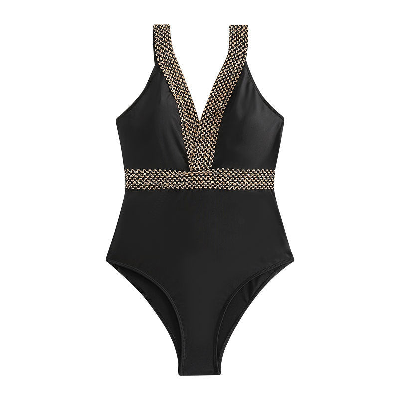 Damen eleganter Einteiler Badeanzug mit tiefem V-Ausschnitt und goldenen Akzenten Drune