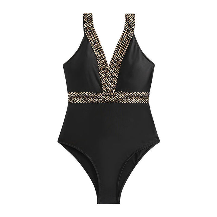 Damen eleganter Einteiler Badeanzug mit tiefem V-Ausschnitt und goldenen Akzenten Drune