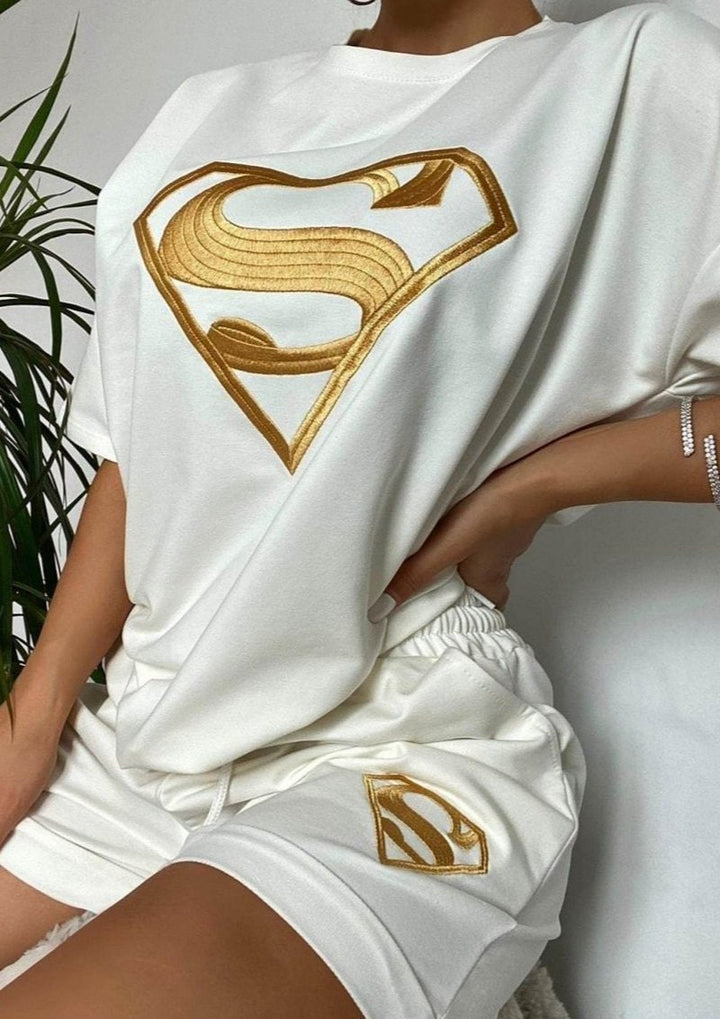 Damen sportliches Kurzarm-Shirt und Shorts-Set mit exklusivem Logo-Design Drune
