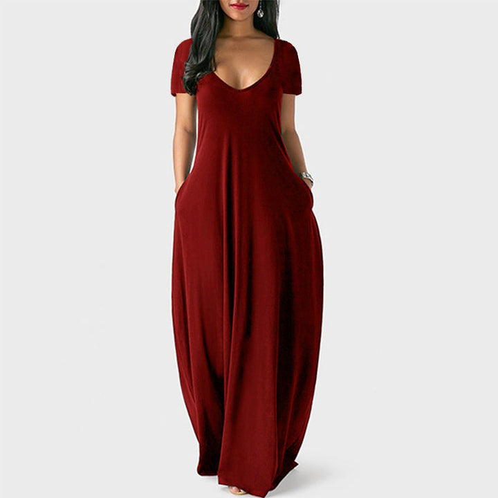 Drune | U-Ausschnitt Kurzarm Lockere Passform Maxikleid