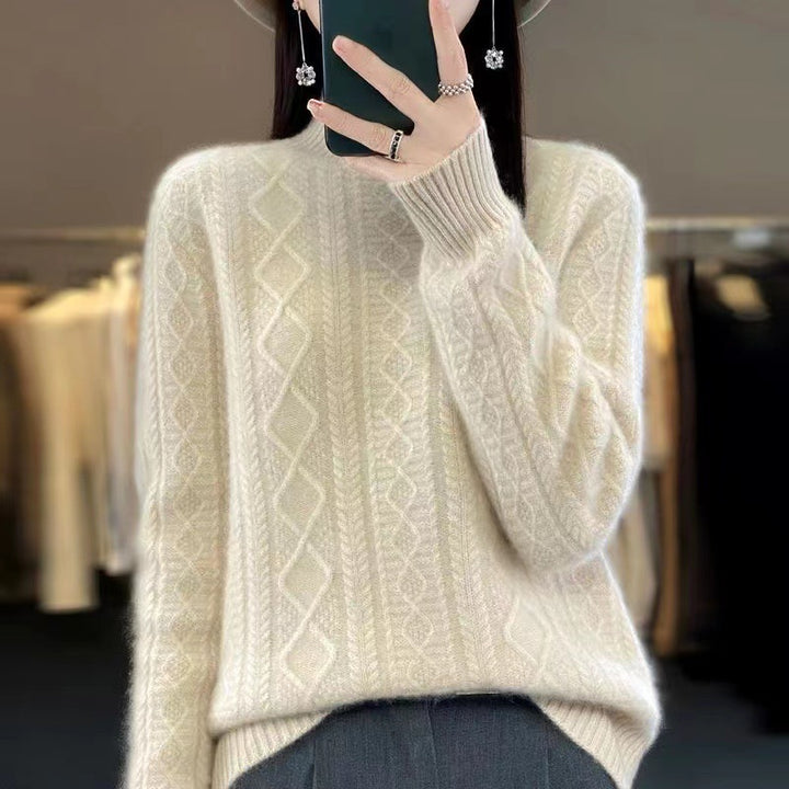 Damen Hochwertiger Strickpullover mit Stehkragen und Zopfdesign Drune