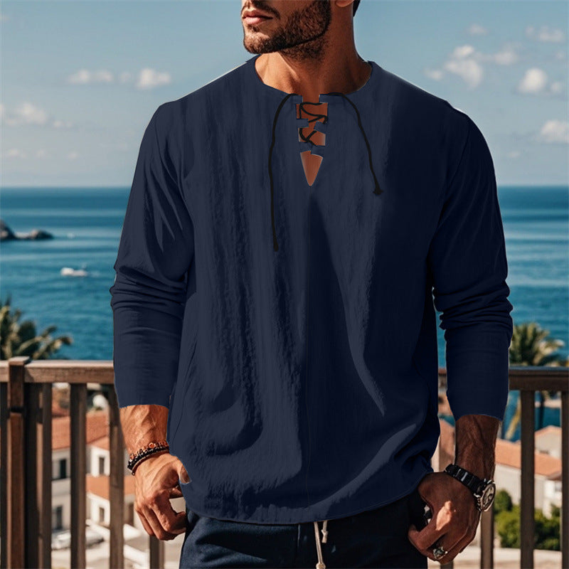 Herren modisches Langarmshirt mit Schnürung und V-Ausschnitt Drune