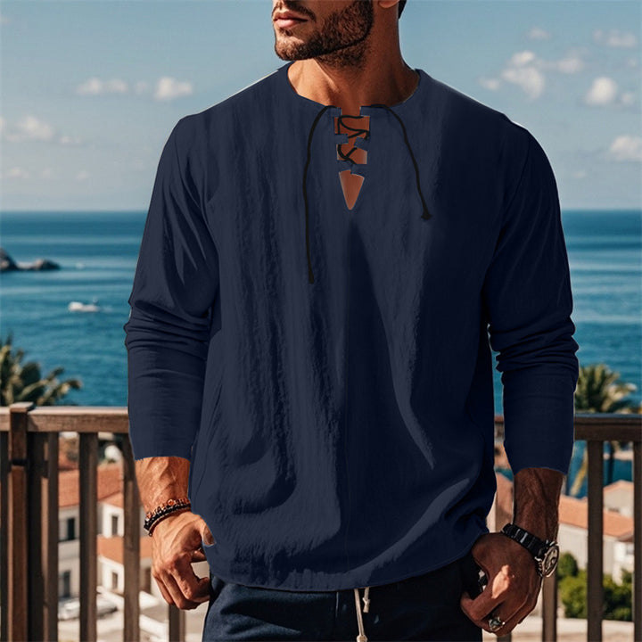 Herren modisches Langarmshirt mit Schnürung und V-Ausschnitt Drune