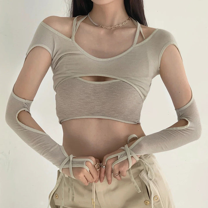 Damen Crop-Top mit raffinierten Rüschendetails und langärmligem Design Drune