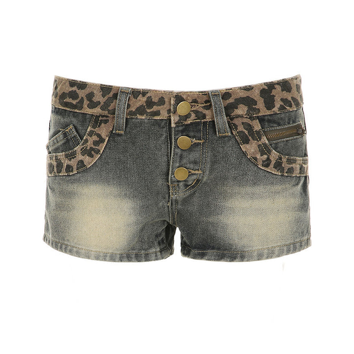 Damen Kurze Jeansshorts mit Leopardenmuster und gerafftem Bund Drune