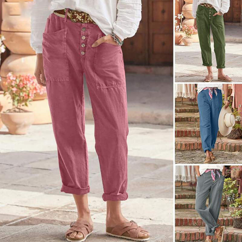 Damen nan Leinen-Baumwoll-Loungehose mit weitem Schnitt, hoher Bund und aufgesetzten Taschen Drune