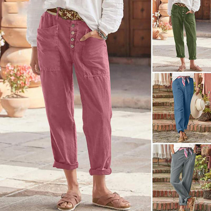 Damen nan Leinen-Baumwoll-Loungehose mit weitem Schnitt, hoher Bund und aufgesetzten Taschen Drune