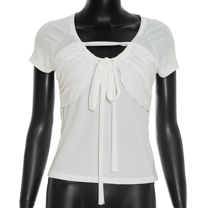 Damen figurbetontes Kurzarm-Top mit Rüschendetails und Bindeband Drune
