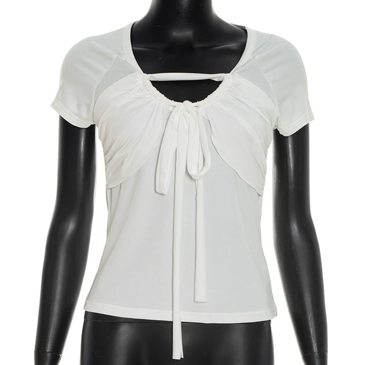 Damen figurbetontes Kurzarm-Top mit Rüschendetails und Bindeband Drune