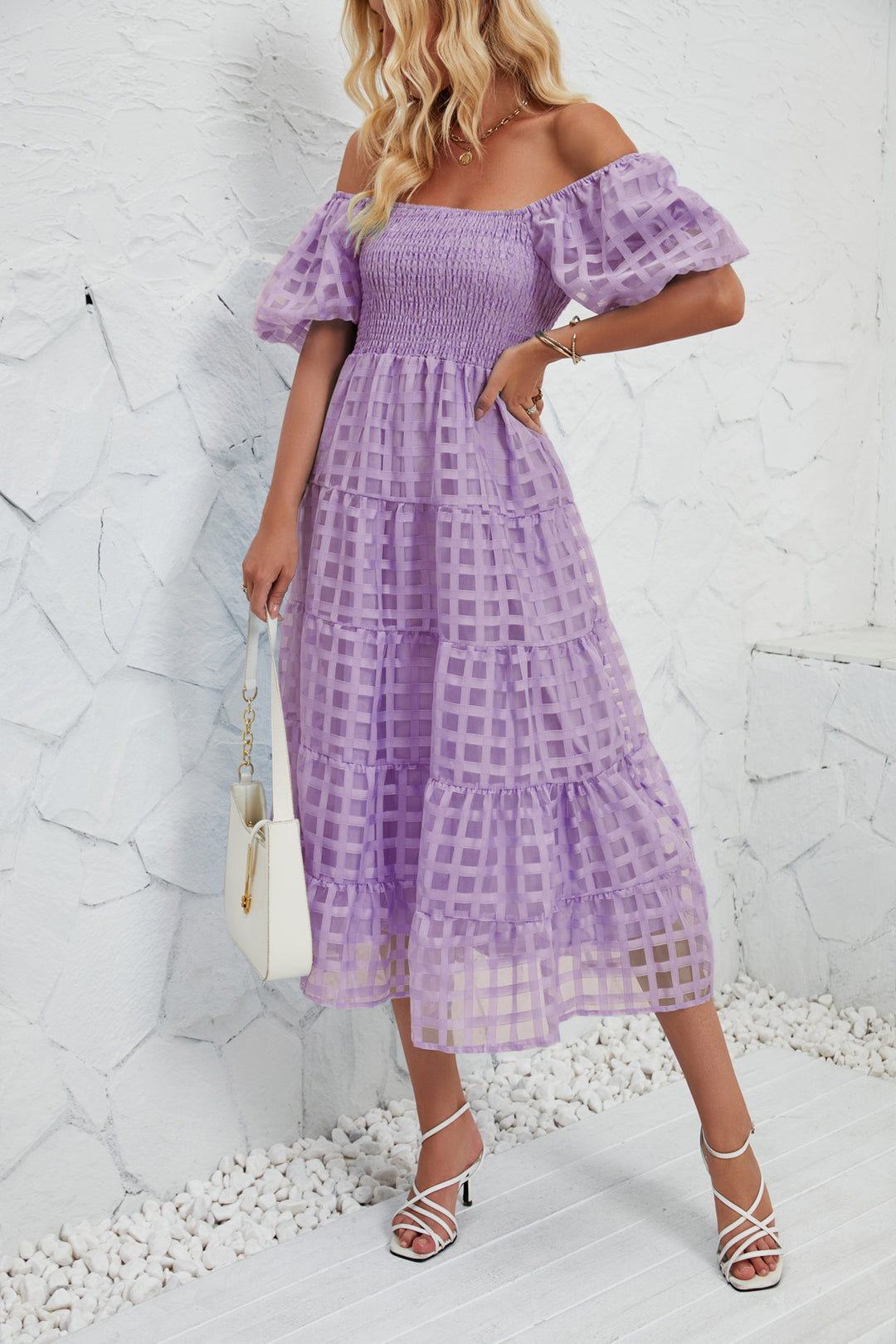 Damen Midi-Kleid mit Puffärmeln und elastischem Taillengürtel Drune