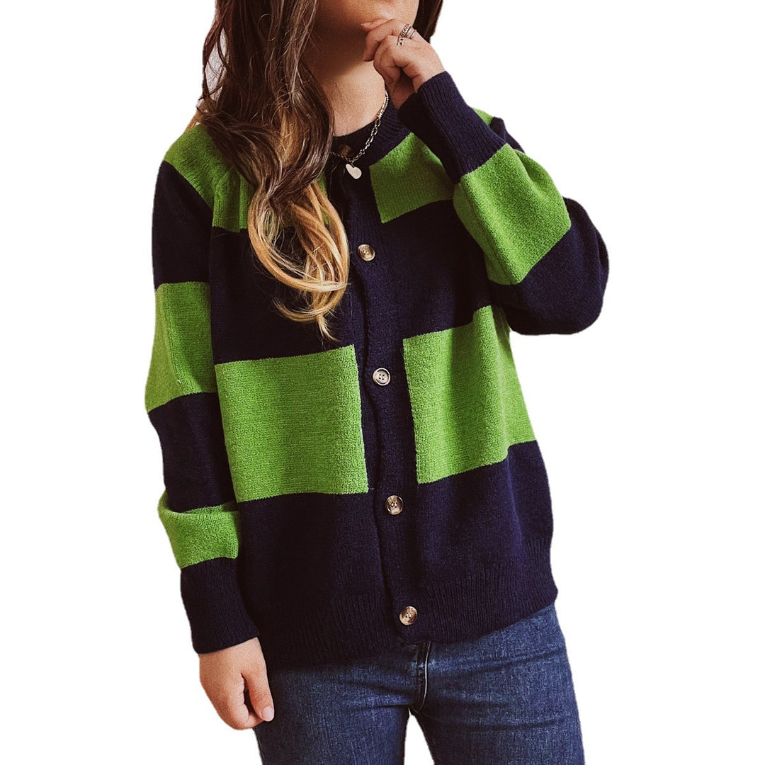 Damen lässige Strickjacke mit modischem Blockstreifenmuster und hochwertigen Knöpfen Drune