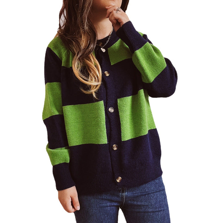 Damen lässige Strickjacke mit modischem Blockstreifenmuster und hochwertigen Knöpfen Drune
