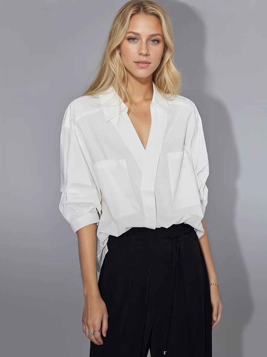 Damen Elegante Oversized Bluse aus hochwertigem Baumwollmix mit verdeckter Knopfleiste Drune