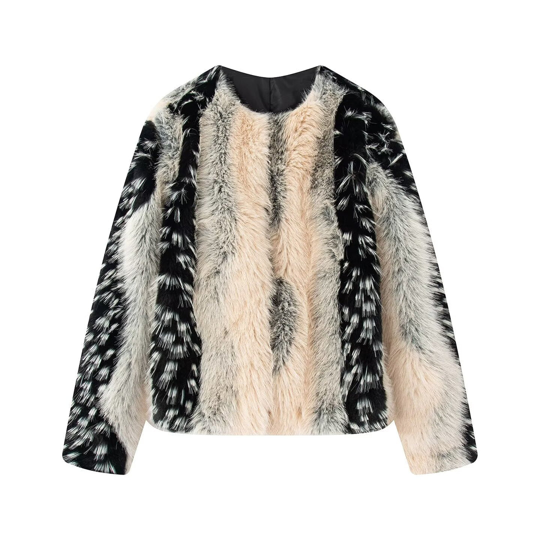 Damen nan kurze Kunstpelzjacke mit kontrastierenden Längsbesätzen und Rundhalsausschnitt Drune
