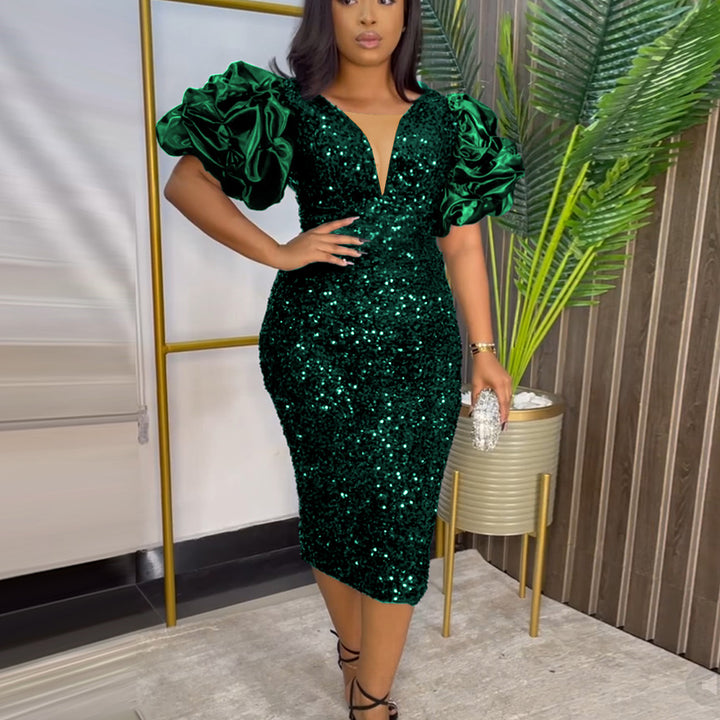 Damen Glamouröses Partykleid mit funkelnden Pailletten und voluminösen Ärmel Drune