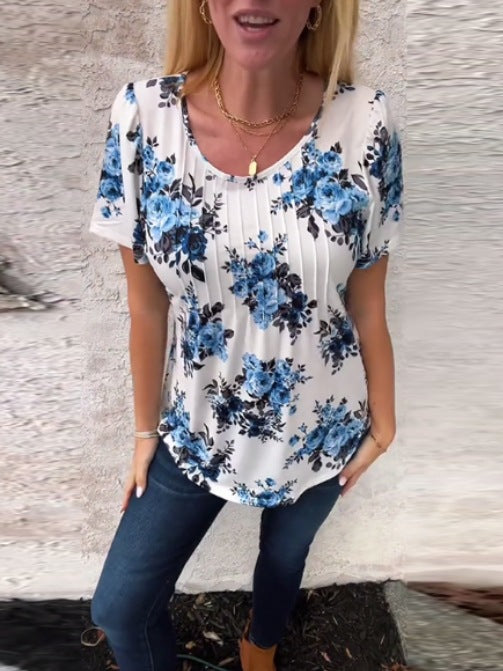 Damen nan Kurzarmbluse mit Kellerfalten, Rundhalsausschnitt und floralem Allover-Print Drune