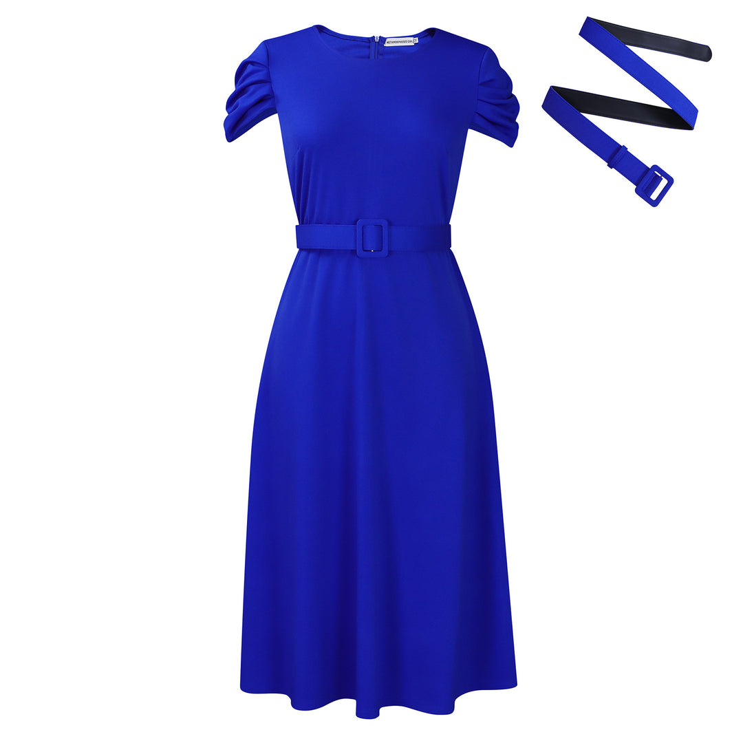 Damen Midi-Kleid mit elegantem Gummizug und schmalem Gürtel Drune