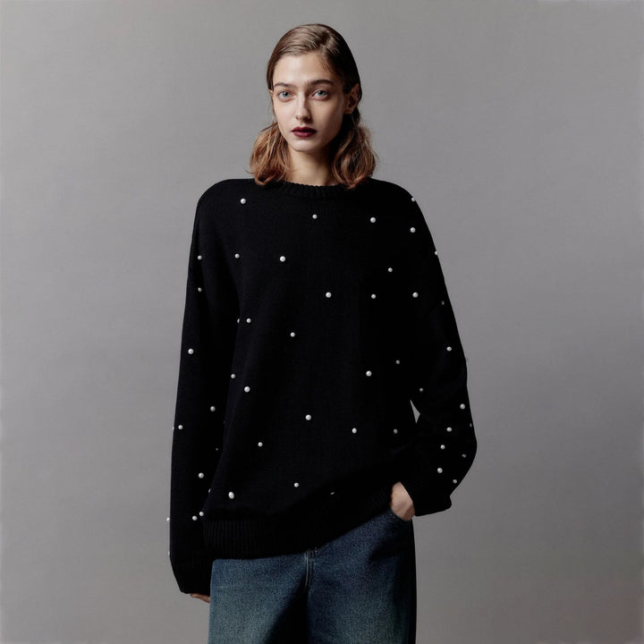 Damen Grobstrickpullover mit Perlenausschnitte Drune
