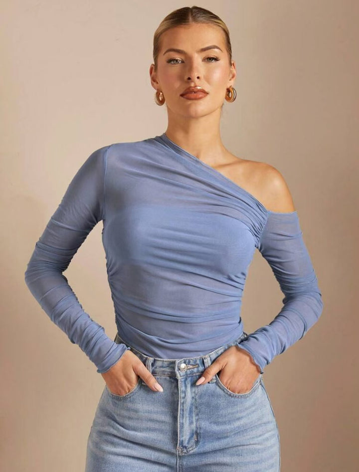 Damen Asymmetrischer Body mit Raffungen und langen Ärmeln Drune