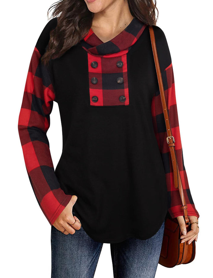 Damen Modische Sweatshirt mit Karomuster und Knopfleiste Drune
