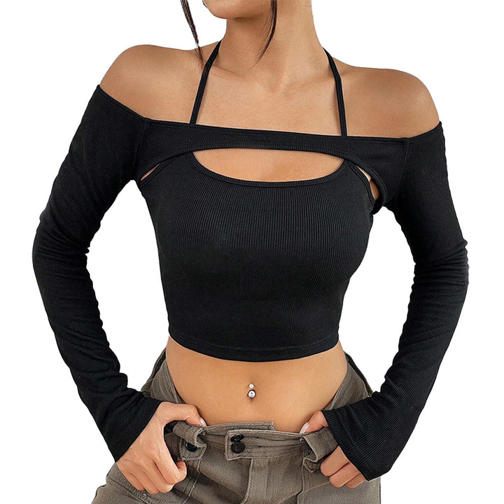 Damen Off-Shoulder Crop-Top mit asymmetrischem Cut-Out und langen Ärmeln Drune
