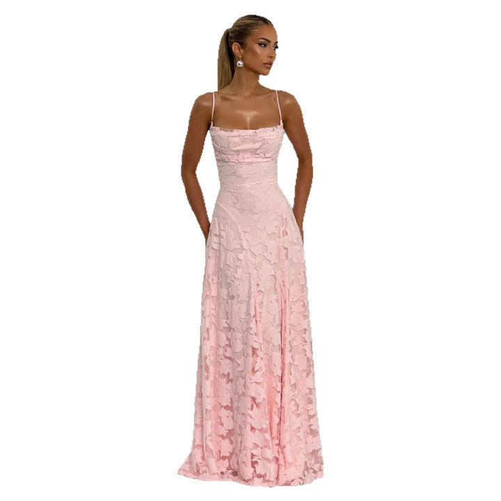 Damen elegantes Maxikleid mit zartem floralem Muster und Spaghetti-Trägern Drune