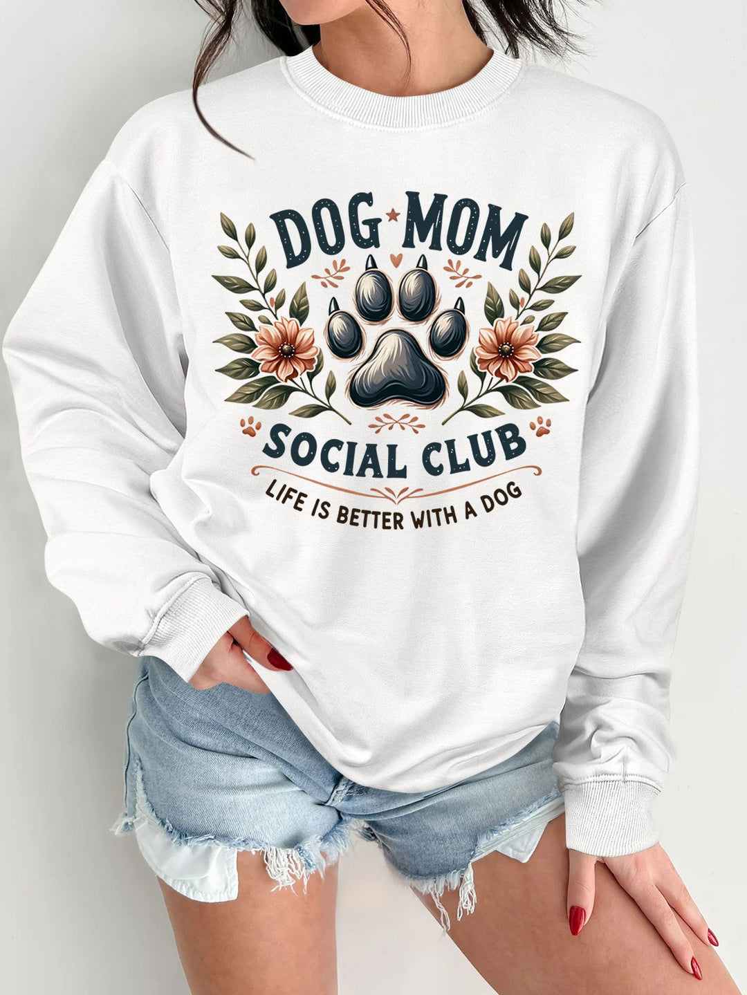 Damen Sweatshirt mit trendigem Hundemotiv und aufgepepptem Aufdruck Drune