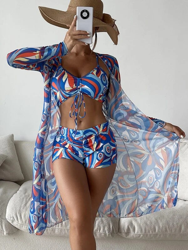 Damen Strandset mit floralem Kimono und Crop-Top Drune