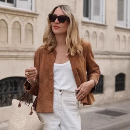 Damen Suede Jacke mit geschlossenen Knöpfen Drune