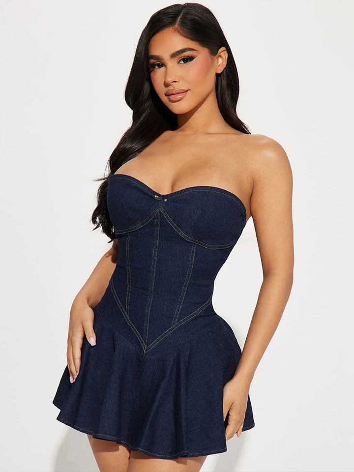 Damen Jeanskleid im Korsett-Stil mit schwingendem Rock Drune