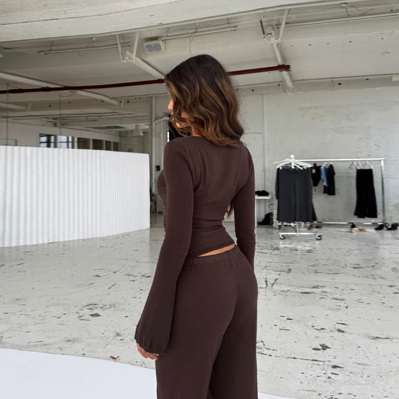 Damen lockerer Jumpsuit mit Wickeldesign und langen Ärmeln Drune