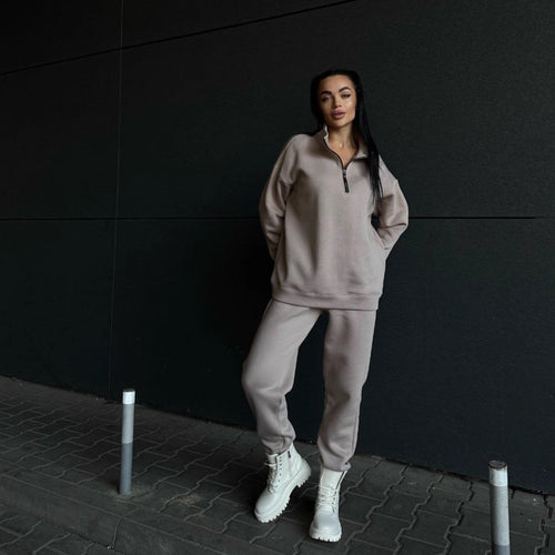 Damen sportliches Fleece-Set mit hohem Kragen und praktischen Reißverschlusselementen Drune