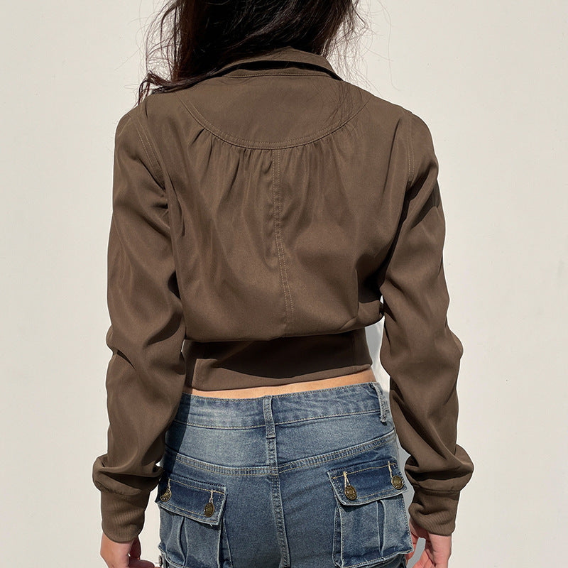 Damen modische cropped Jacke mit Stehkragen und Reißverschluss Drune