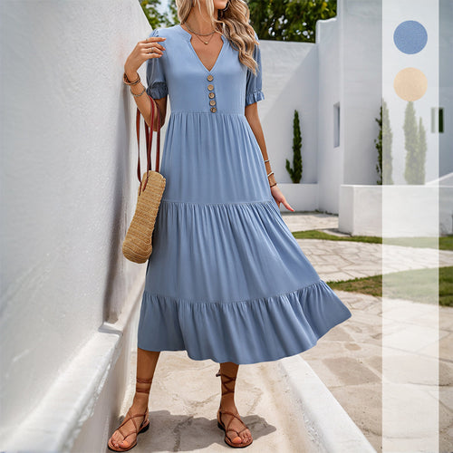 Damen Freizeit Maxikleid mit knopfverschluss und schwingendem Rock Drune