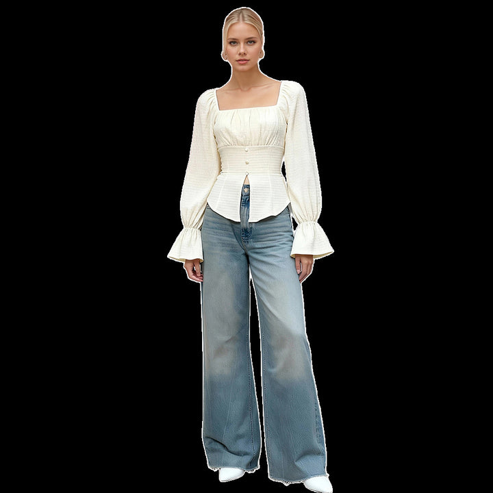 Damen Bluse mit ausgefallenen Volantärmeln und taillierter Silhouette Drune
