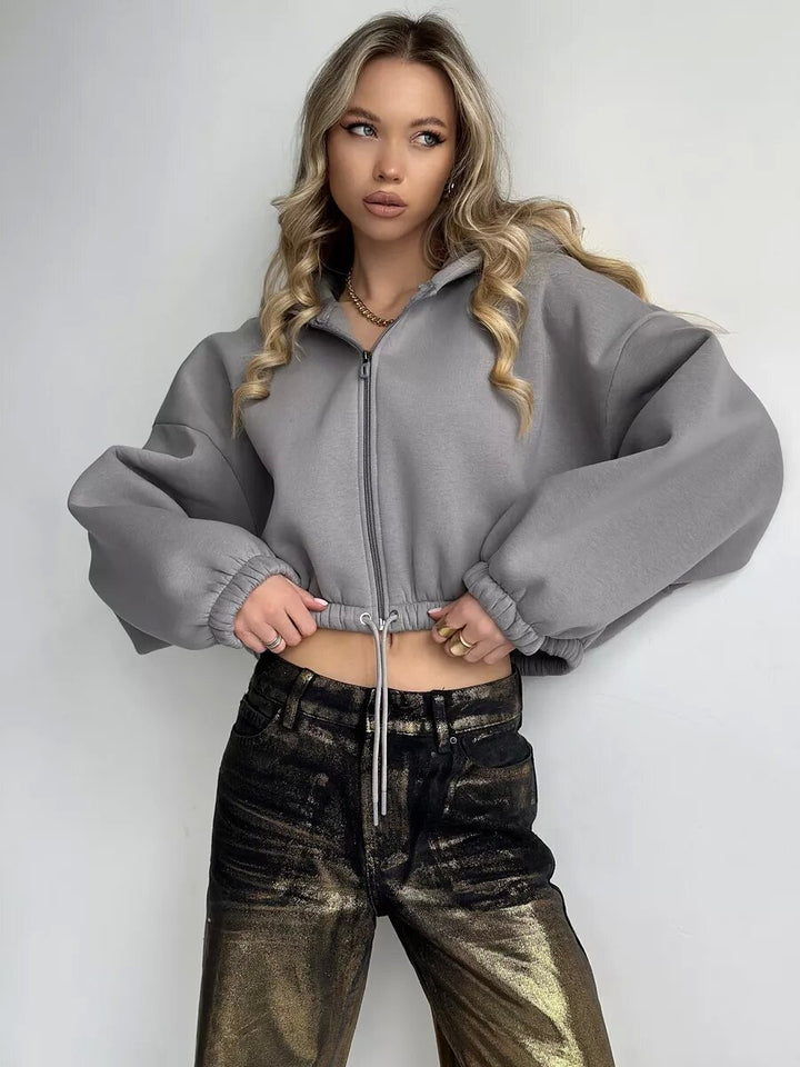 Damen nan kurzes Oversize-Kapuzensweatshirt mit Halbzip und Kordelzugbund Drune