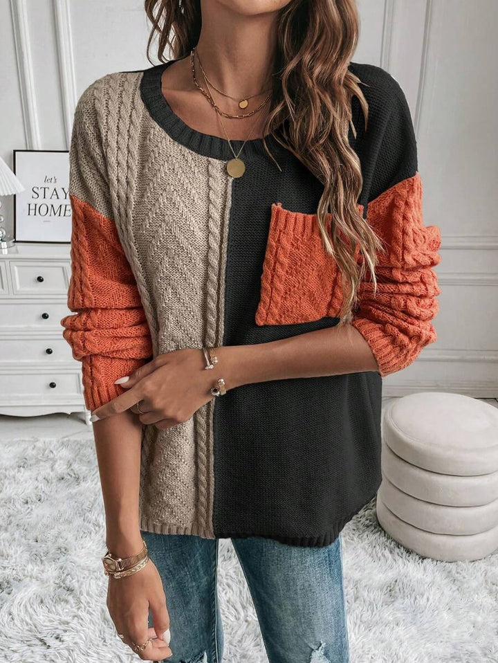 Damen Gemusterter Strickpullover mit bunten Kontrastärmel und Taschen Drune