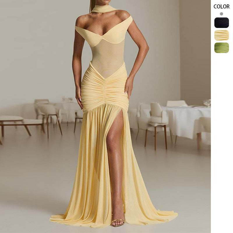 Damen Elegantes Maxikleid mit schulterfreiem Design und Raffung Drune
