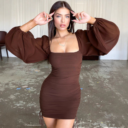 Damen Figurbetontes Minikleid mit puffärmel und seitlicher Raffung Drune