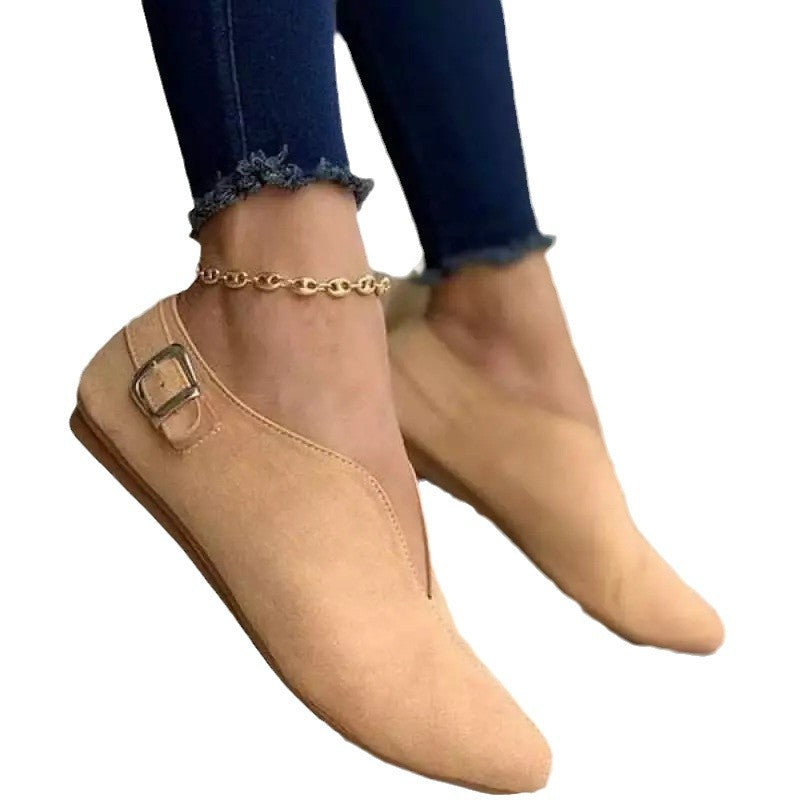Damen nan spitz zulaufende Slipper mit V-Ausschnitt und seitlicher Metallschnalle Velourslederoptik Drune
