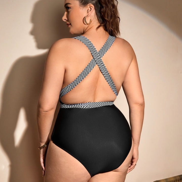 Damen Einteiler Badeanzug mit Wickeldetail und trendigem Streifenmuster Drune