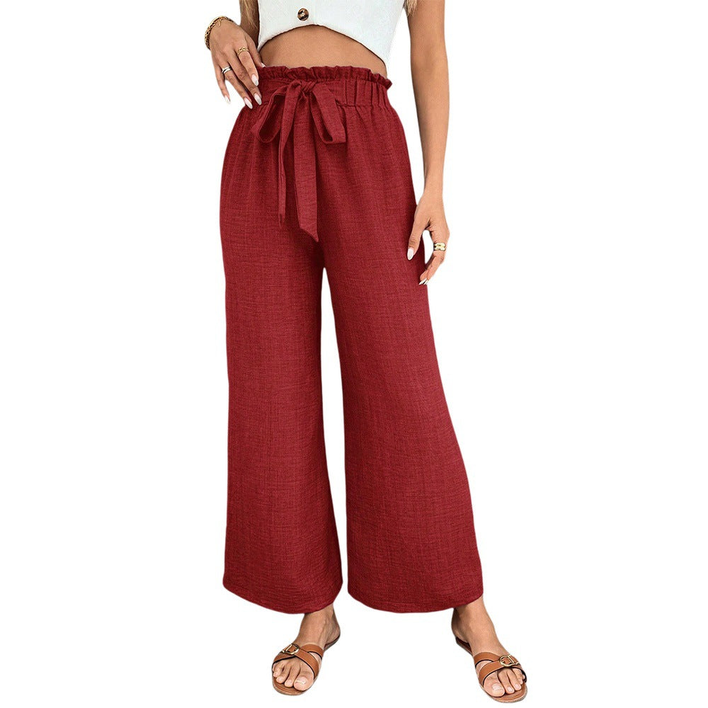 Damen lässige weite Stoffhose mit Gummizug und Bindegürtel Drune