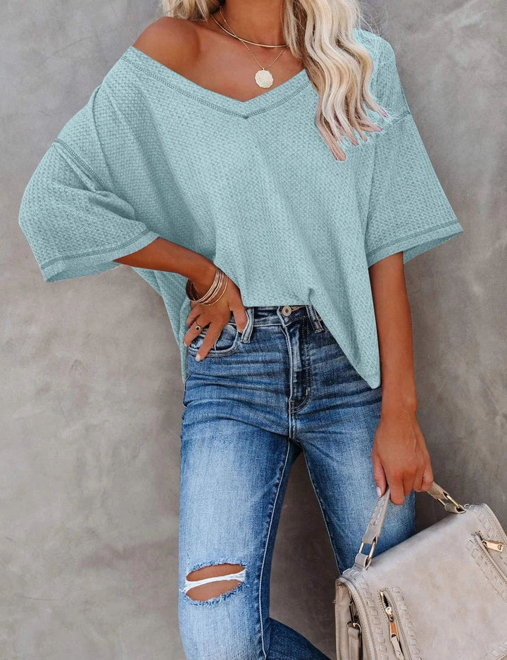 Damen lässiges Oversize-Shirt mit V-Ausschnitt und strukturiertem Muster Drune