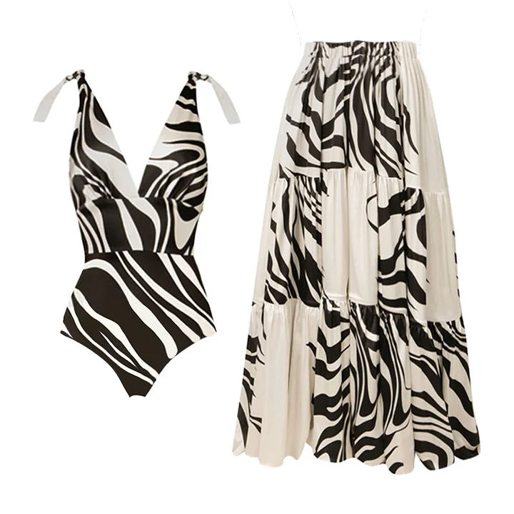 Damen Einteiler Badeanzug mit stilvollem Zebra-Design Drune