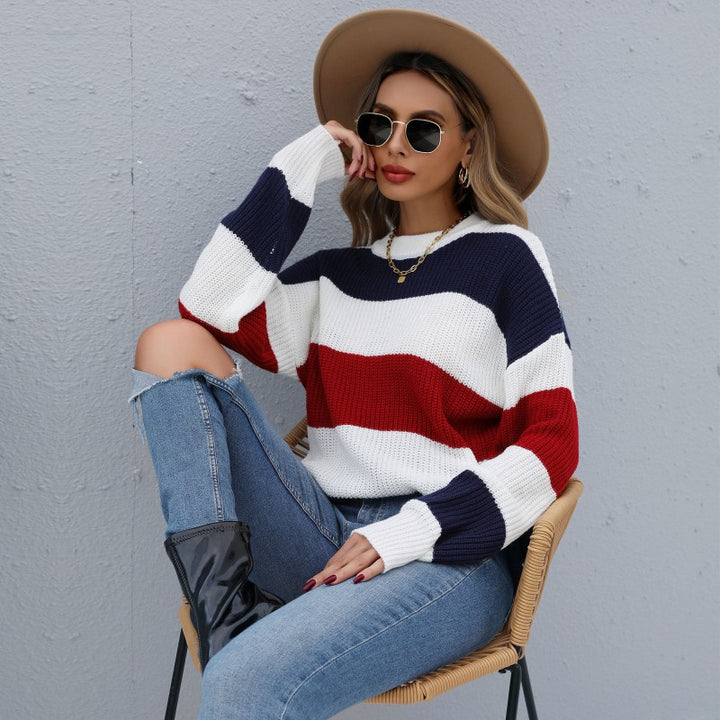 Damen gestreifter Strickpullover mit weitem Schnitt Drune