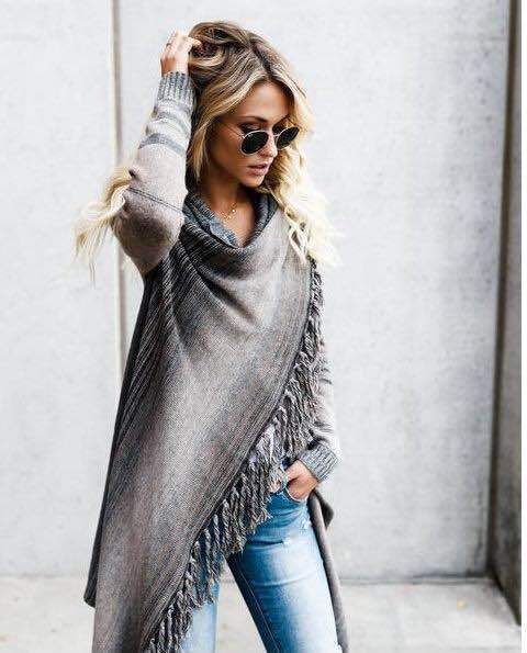 Damen gemütlicher Poncho mit Fransen Drune